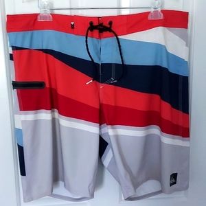 QUICKSILVER Size 38 Men's Boardshort Swim Red White Blue Gray